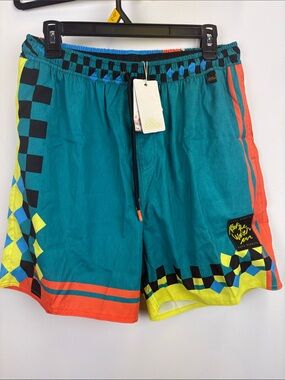Agua Bendita Men’s Swim Trunks Retro Neon Board Shorts Festival Beach NET Sz 38